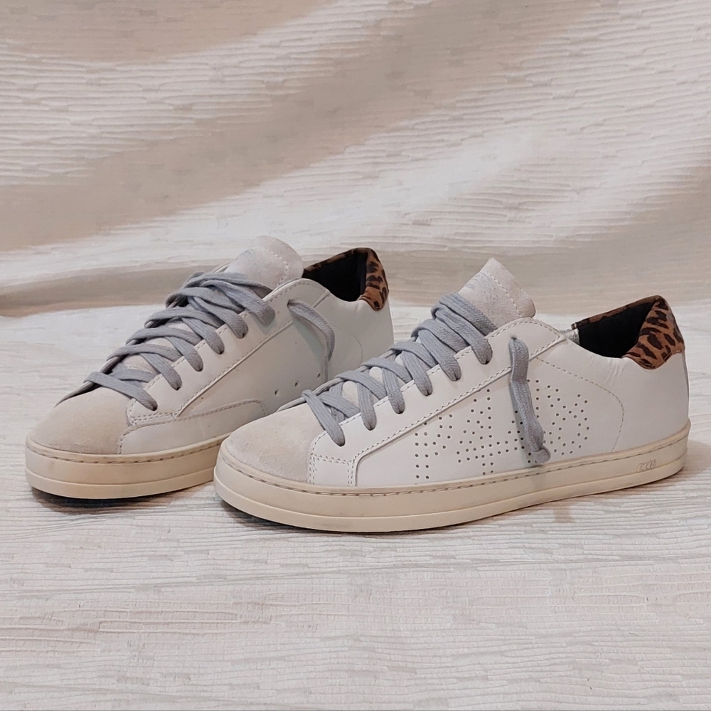 White Leather Sneakers with Leopard Heel Accent Size 37